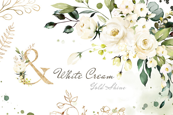 White roses. Watercolor floral set