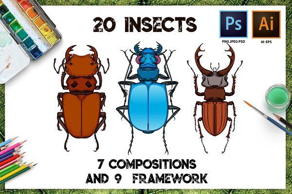 Set of 20 colored insects