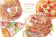 Watercolor bagels and pizza vector