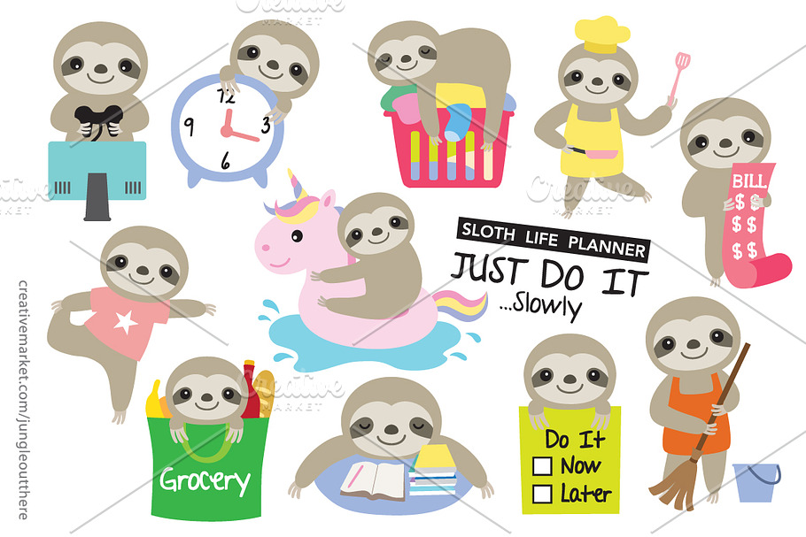Sloth Planner Clipart Set in Illustrations - product preview 8