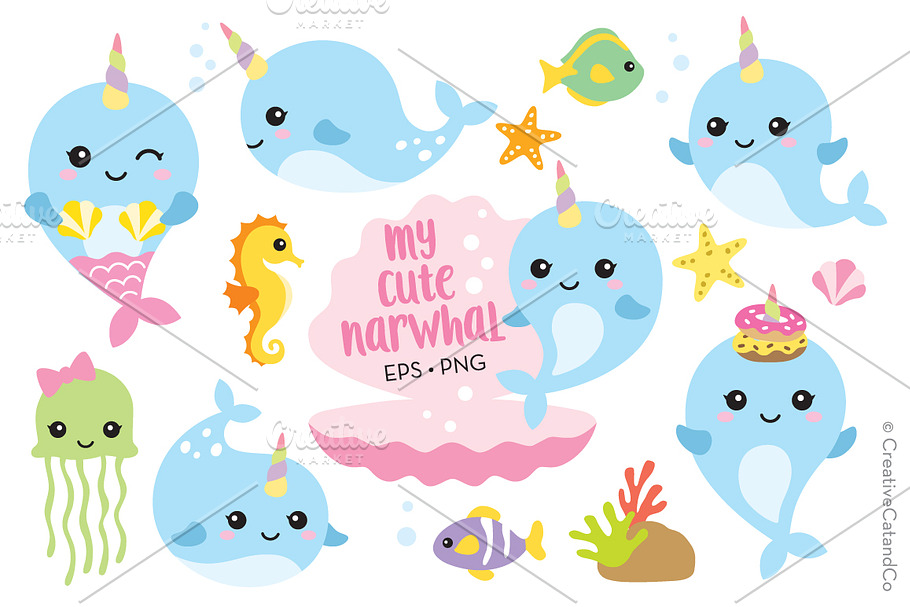 Cute Baby Narwhal or Whale Unicorn in Illustrations - product preview 8
