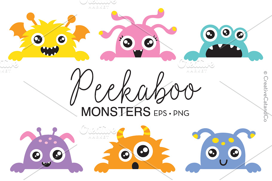 Cute Peekaboo Monsters Vector PNG