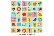 summer Set of 36 travel icons color