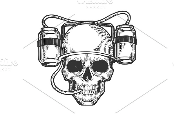 Human skull with beer helmet sketch