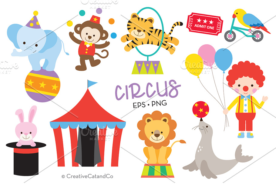 Circus Animals Vector EPS PNG Set in Illustrations - product preview 8