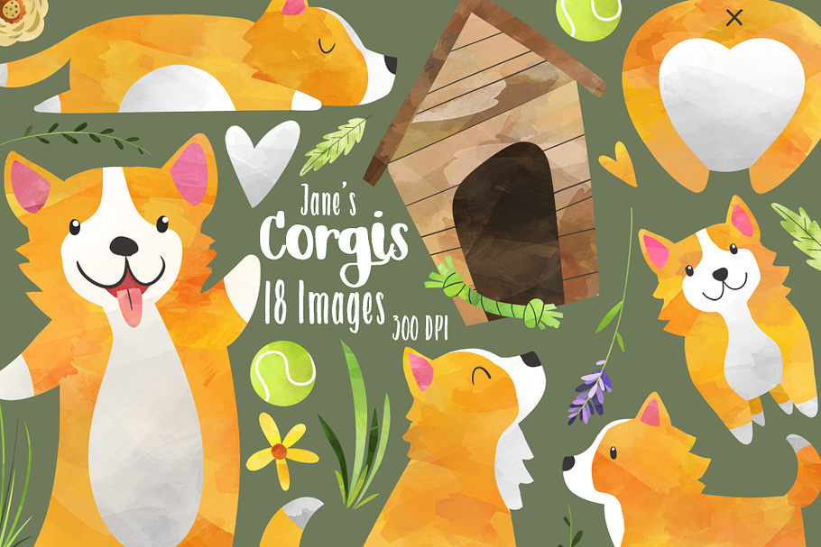 Watercolor Corgis Clipart in Illustrations - product preview 8