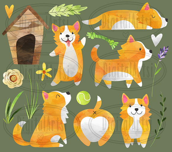 Watercolor Corgis Clipart in Illustrations - product preview 1