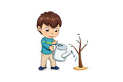 Child Watering Growing Tree Vector