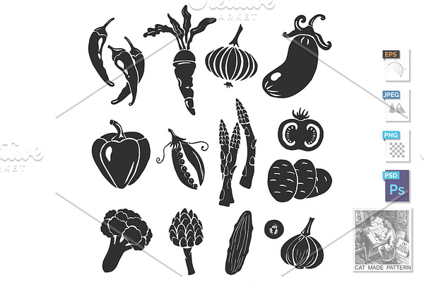 Set of black vegetables stencils
