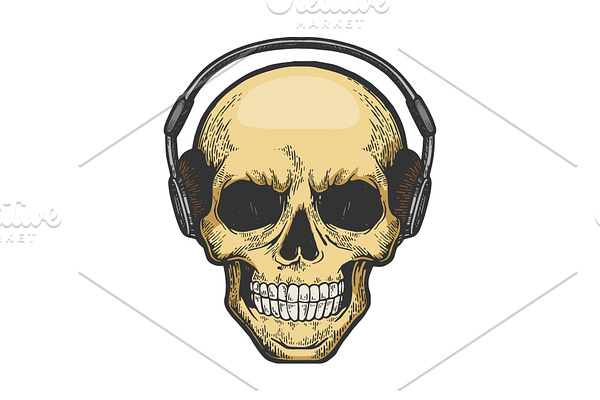 Human skull in headphones sketch