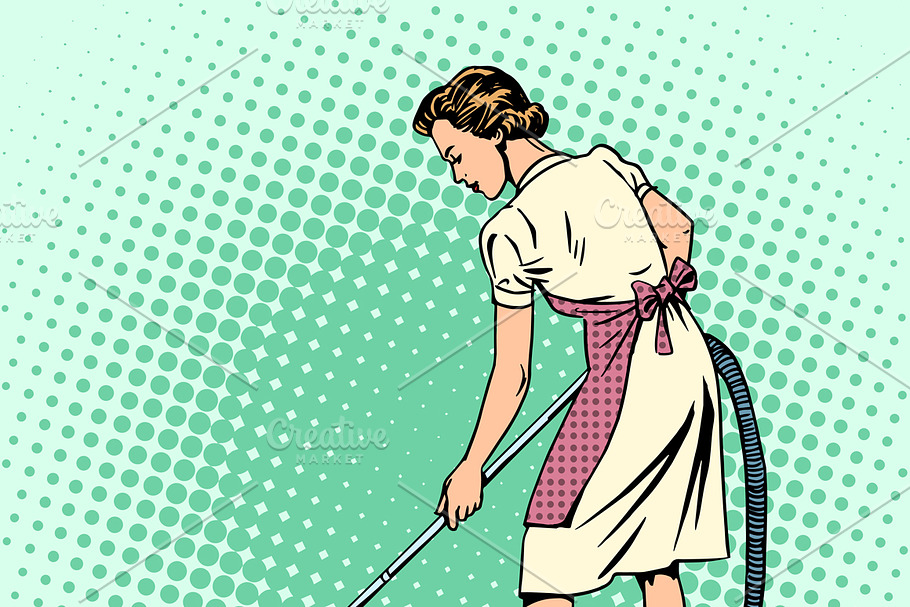 Woman vacuuming the room housewife