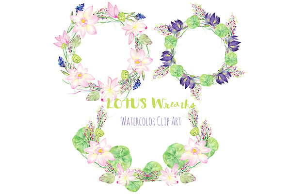 Lotus wreaths. Watercolor Clipart.