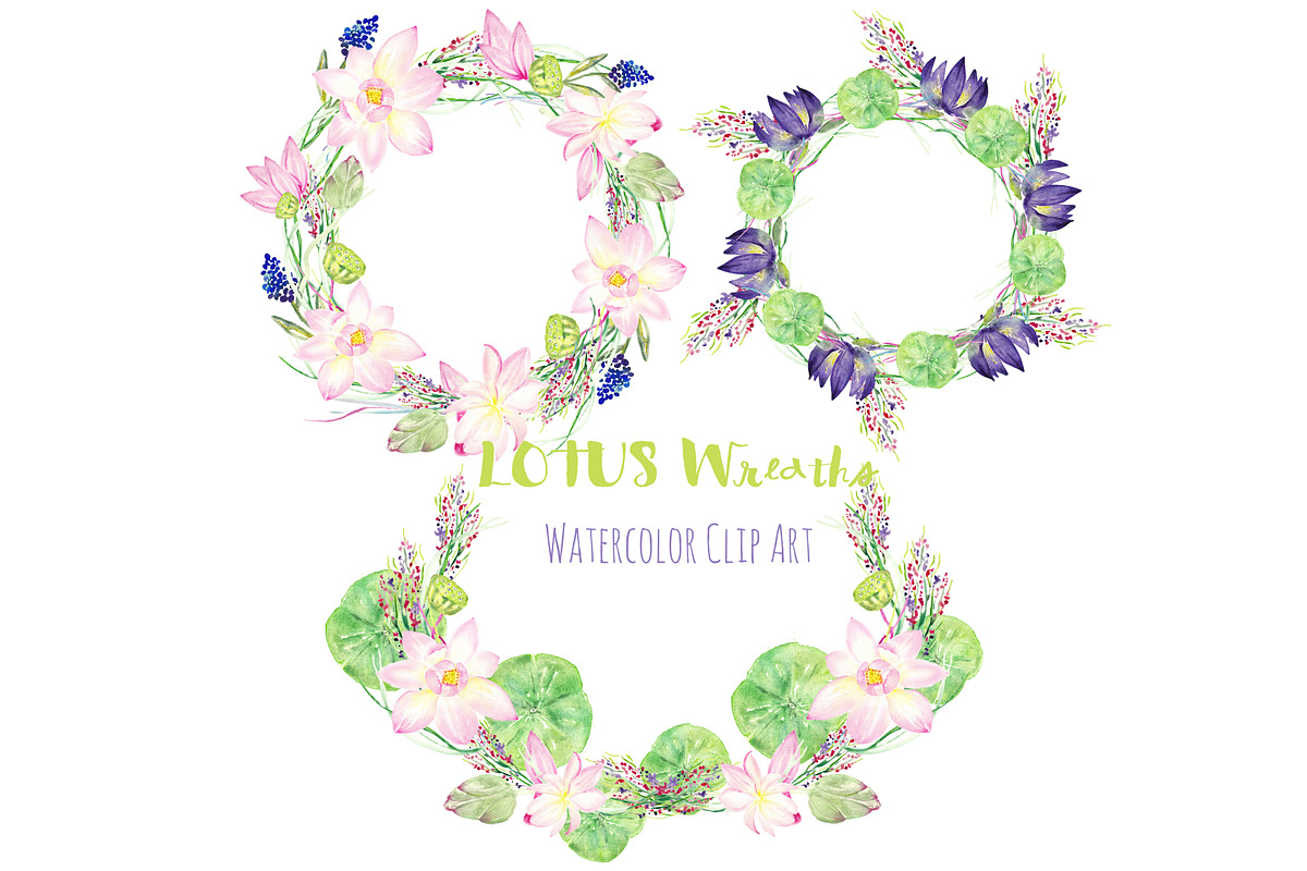 Lotus wreaths. Watercolor Clipart. in Illustrations - product preview 8