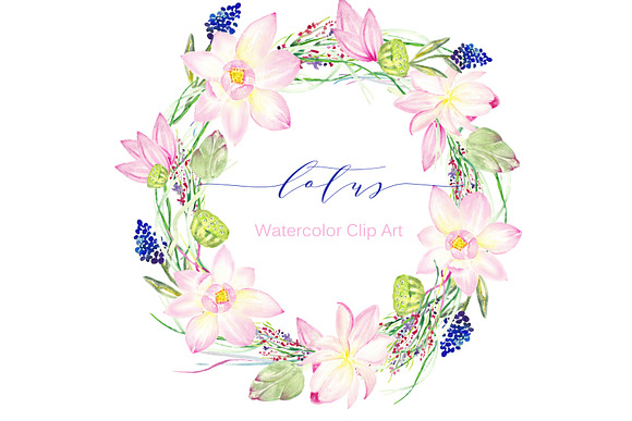 Lotus wreaths. Watercolor Clipart. in Illustrations - product preview 2