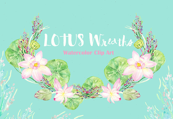 Lotus wreaths. Watercolor Clipart. in Illustrations - product preview 3