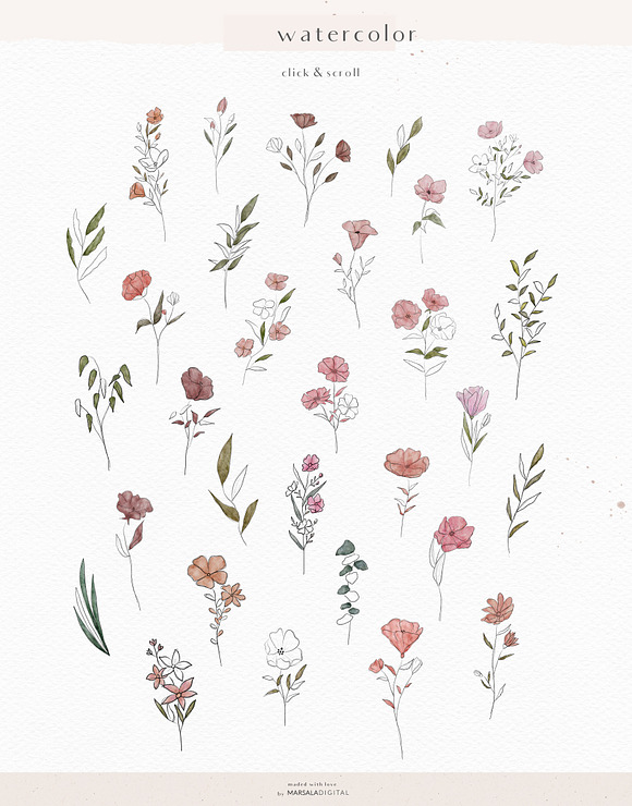 Watercolor & Pencil Sketch Florals in Illustrations - product preview 3