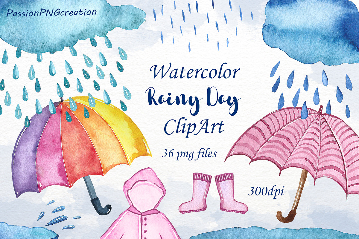Watercolor Rainy Day Clipart in Illustrations - product preview 8