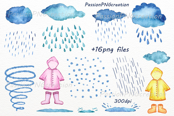 Watercolor Rainy Day Clipart in Illustrations - product preview 3
