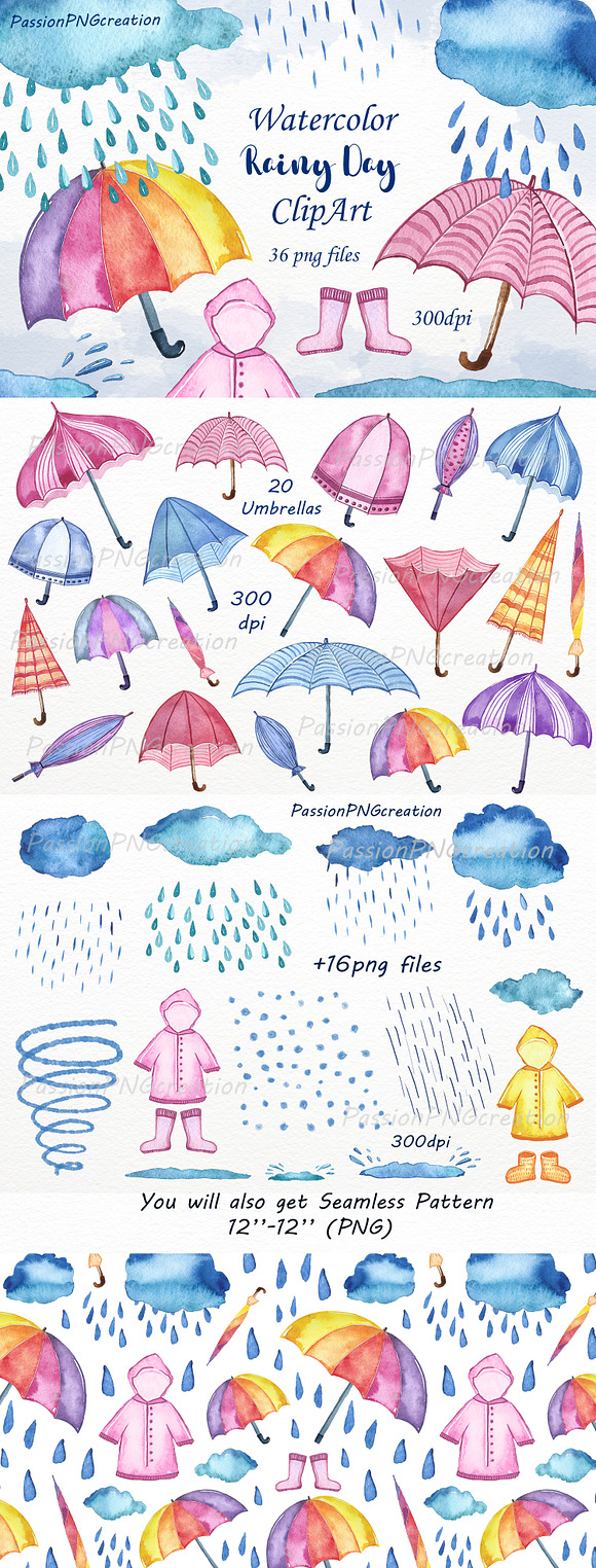 Watercolor Rainy Day Clipart in Illustrations - product preview 5