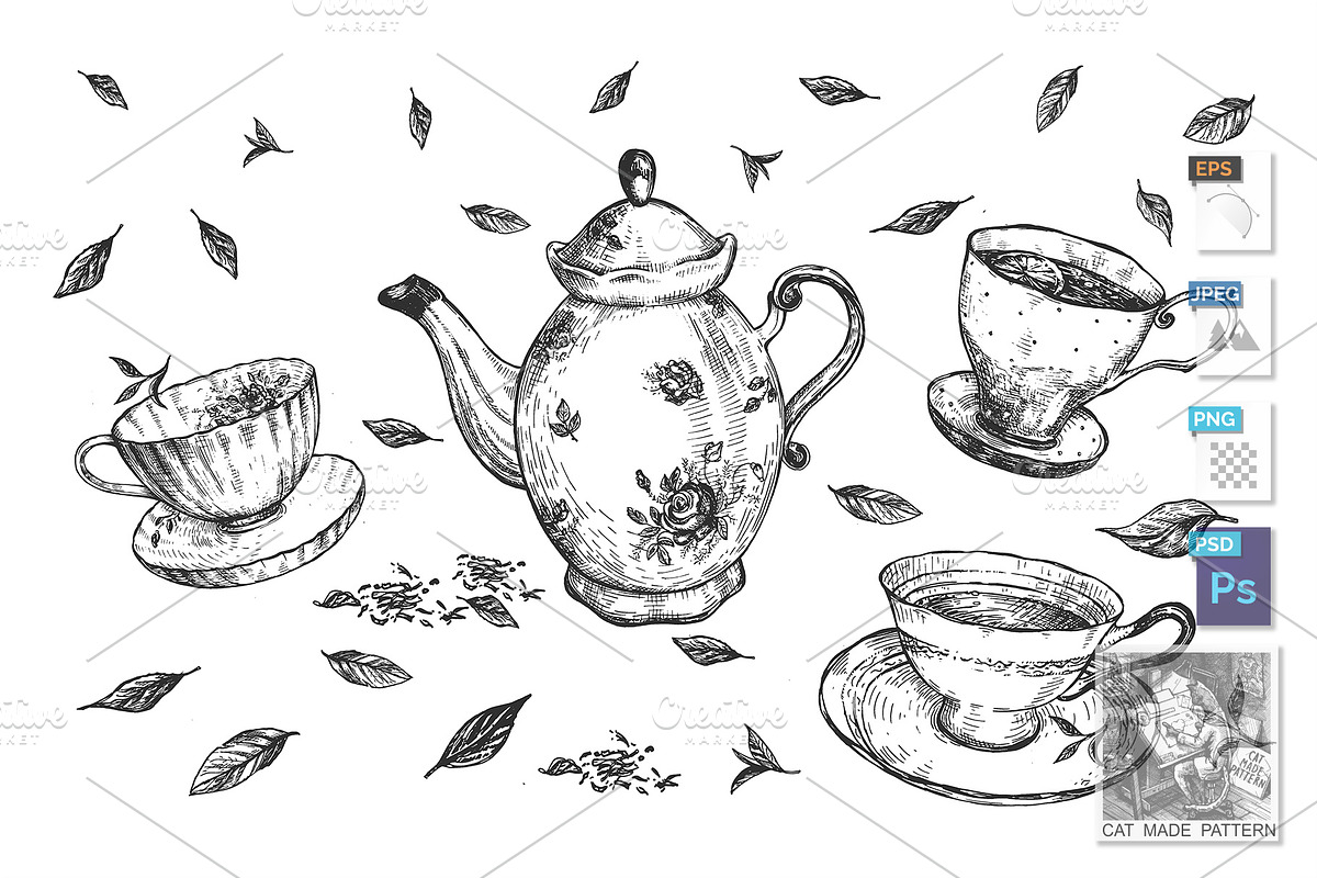 Levitating teapot, cups and plates in Illustrations - product preview 8
