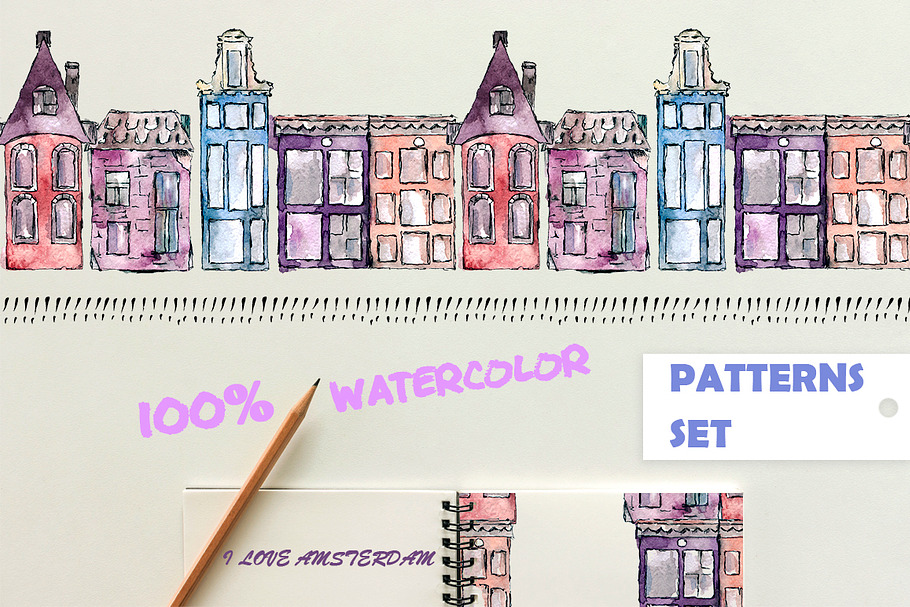 Watercolor pattern with houses