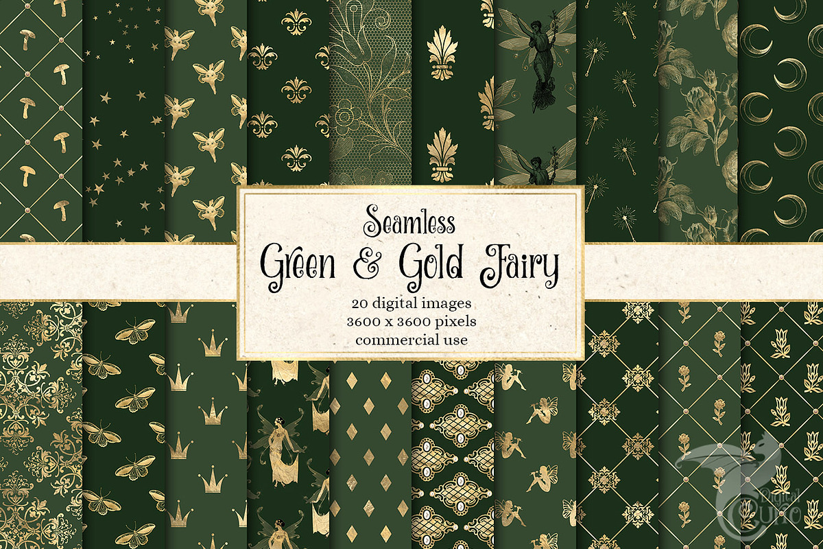 Green and Gold Fairy Digital Paper in Patterns - product preview 8