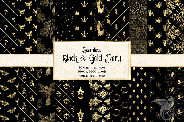 Black and Gold Fairy Digital Paper