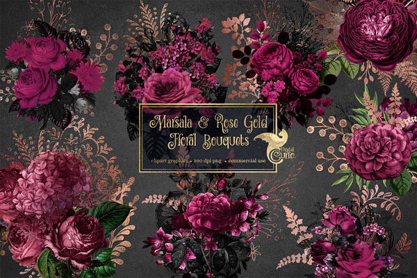 Marsala and Rose Gold Floral Clipart