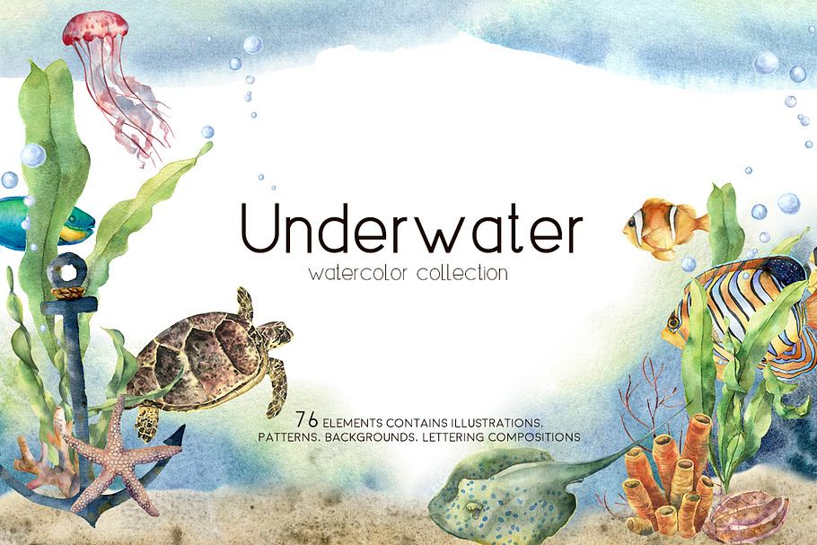 Underwater. Watercolor clip art