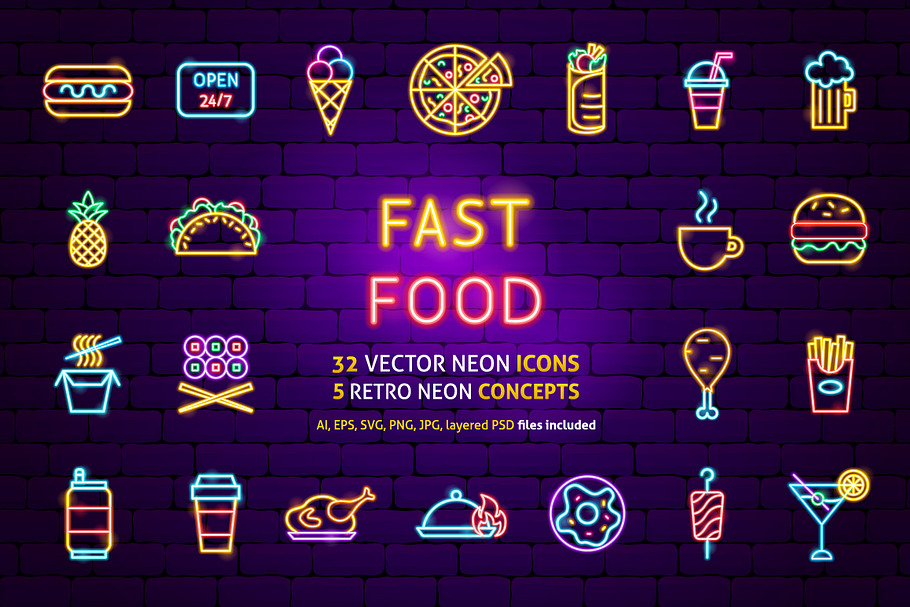 Fast Food Neon in Icons - product preview 8