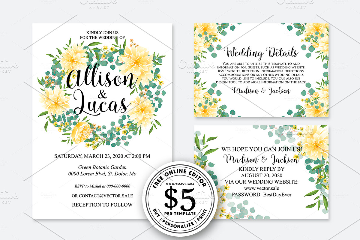 Wedding Invitation yellow dahlia in Wedding Templates - product preview 8