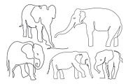 Elephants one line drawings set.