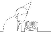 Kid blowing candles one line drawing