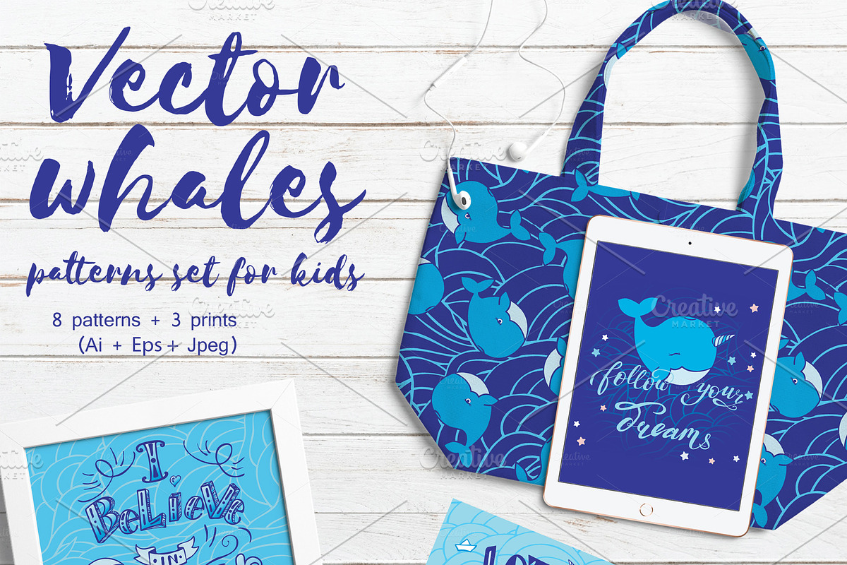 Vector whales patterns set for kids in Patterns - product preview 8