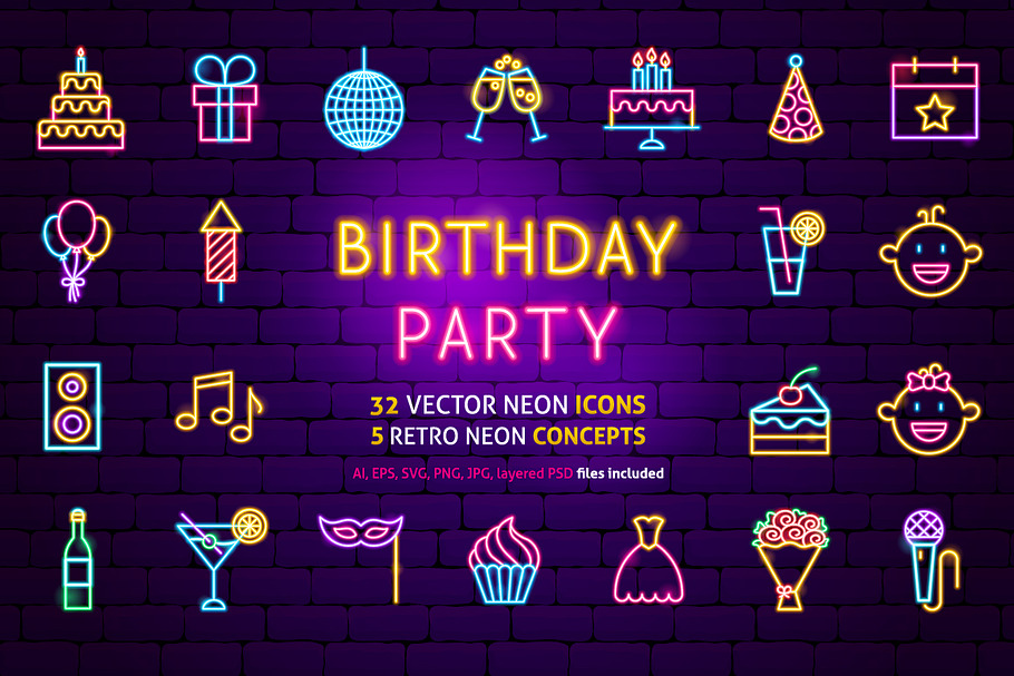 Happy Birthday Neon in Neon Icons - product preview 8