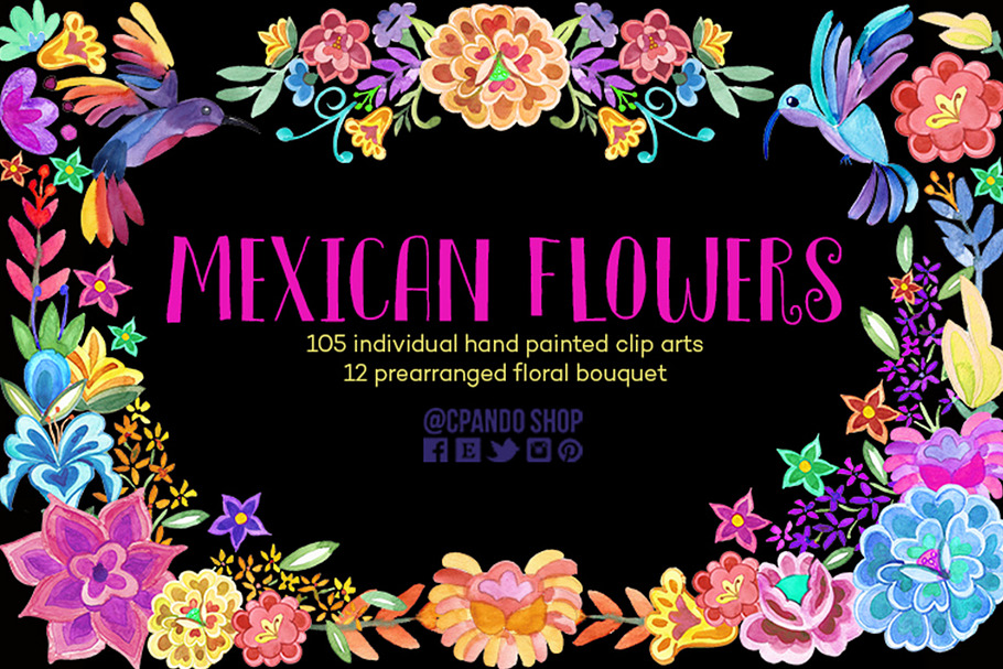 Mexican Flowers, watercolor clipart in Illustrations - product preview 8