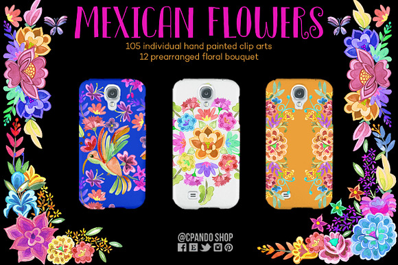 Mexican Flowers, watercolor clipart in Illustrations - product preview 1