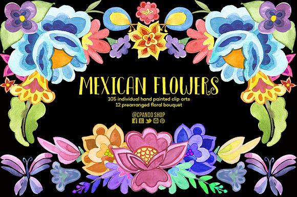 Mexican Flowers, watercolor clipart in Illustrations - product preview 3