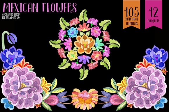 Mexican Flowers, watercolor clipart in Illustrations - product preview 5