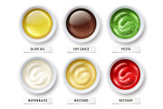 Sauces olive oil mayonnaise ketchup.