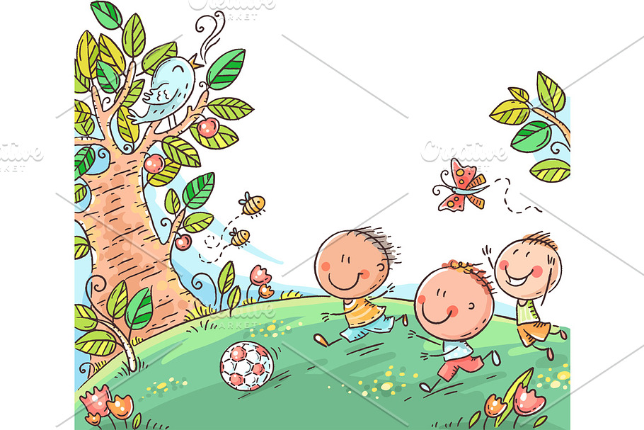 Three happy boys playing soccer in Illustrations - product preview 8