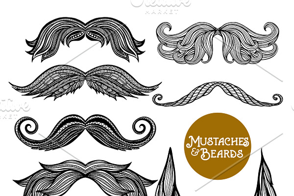 Hand drawn beard and mustache set