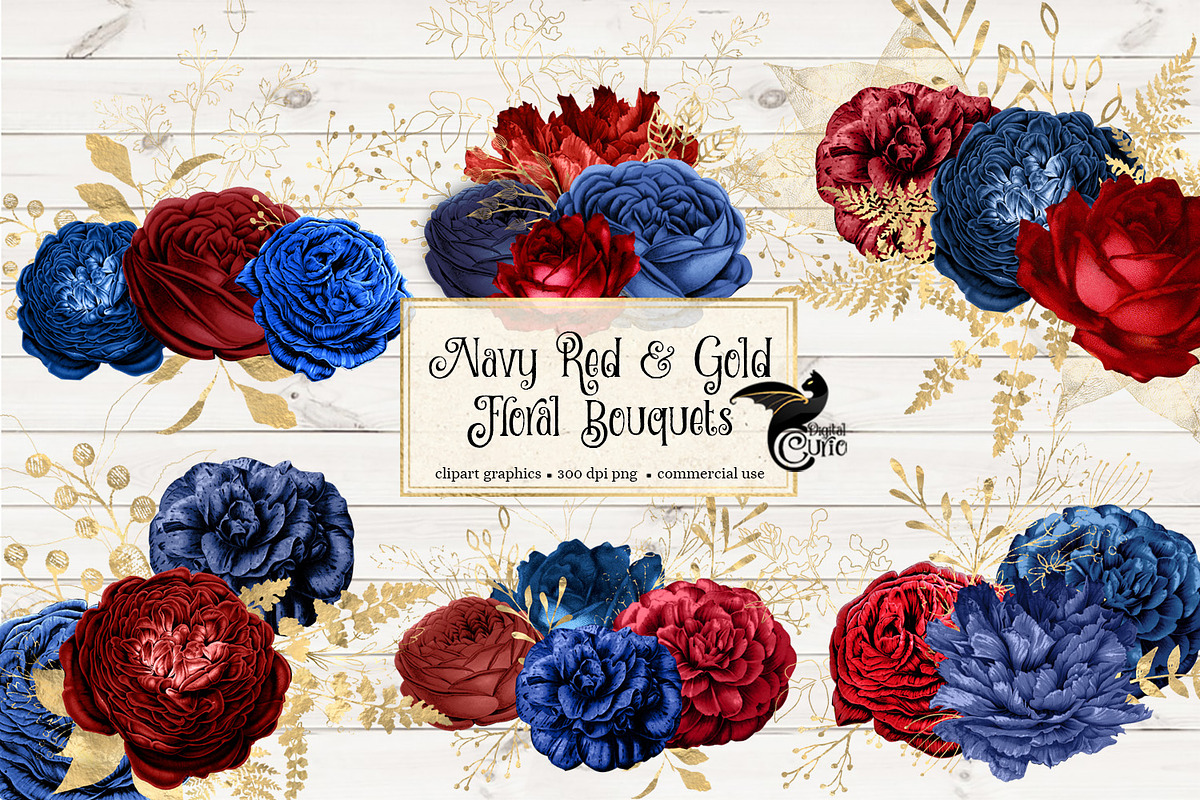 Navy Red and Gold Floral Bouquets in Illustrations - product preview 8