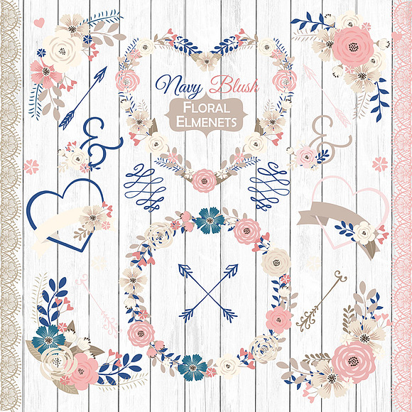 Vector Navy Blush floral elmenets in Illustrations - product preview 1