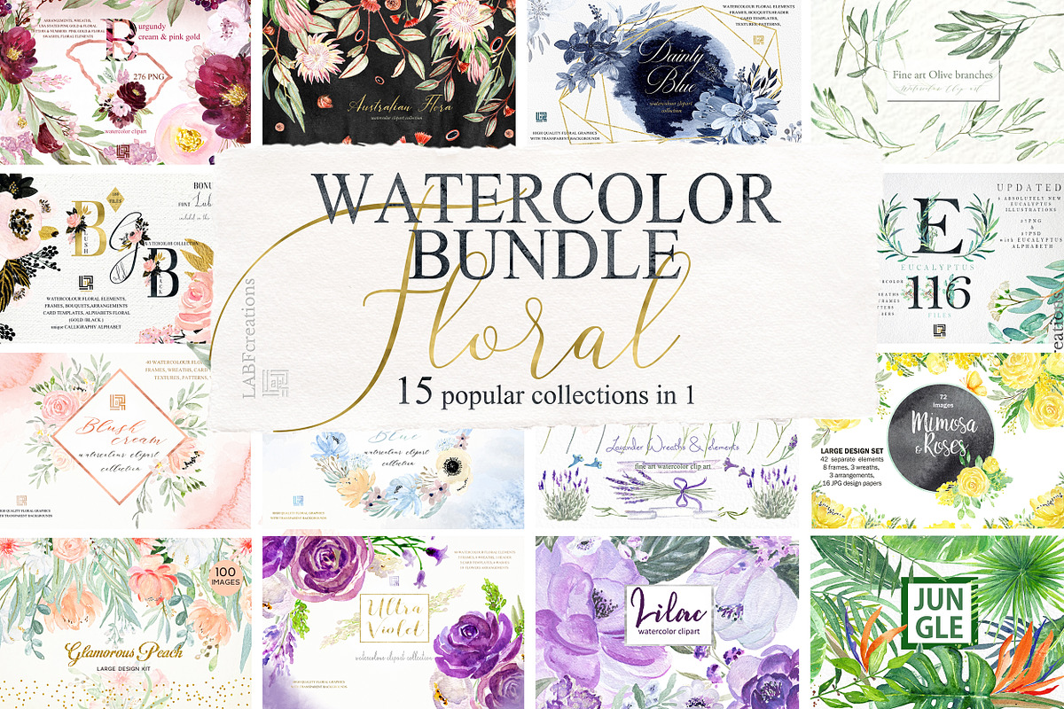 Watercolor Bundle. Floral 15 in 1 in Illustrations - product preview 8