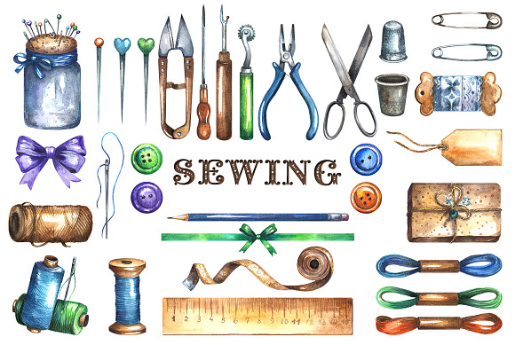 Sewing watercolor clipart in Illustrations - product preview 1