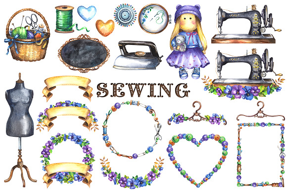 Sewing watercolor clipart in Illustrations - product preview 2