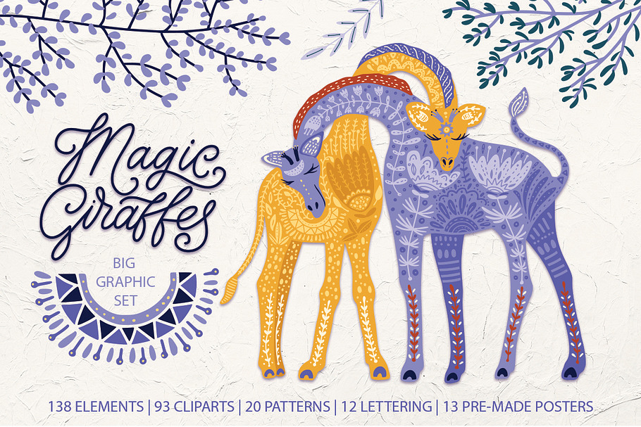 Magic giraffes. Folk art graphic set
