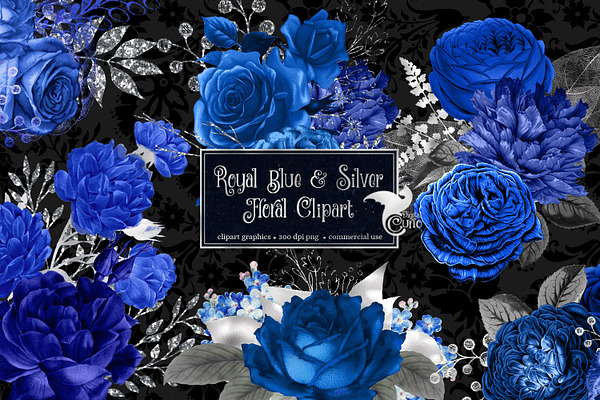 Royal Blue & Silver Floral Clipart