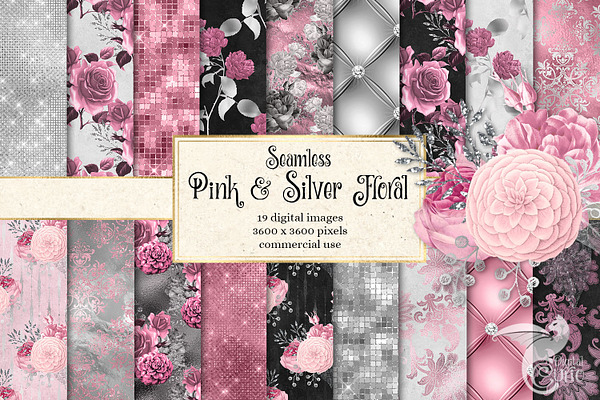Pink and Silver Floral Digital Paper